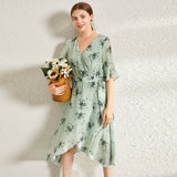 Silk Green V-Neck Ruffle Sleeve Dress