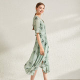 Silk Green V-Neck Ruffle Sleeve Dress