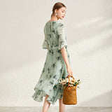 Silk Green V-Neck Ruffle Sleeve Dress