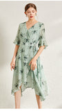 Silk Green V-Neck Ruffle Sleeve Dress