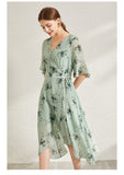 Silk Green V-Neck Ruffle Sleeve Dress